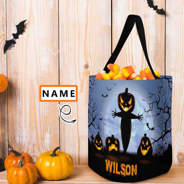 Custom Name Pumpkin Scarecrow Halloween Trick or Treat Colorful Tote Bags