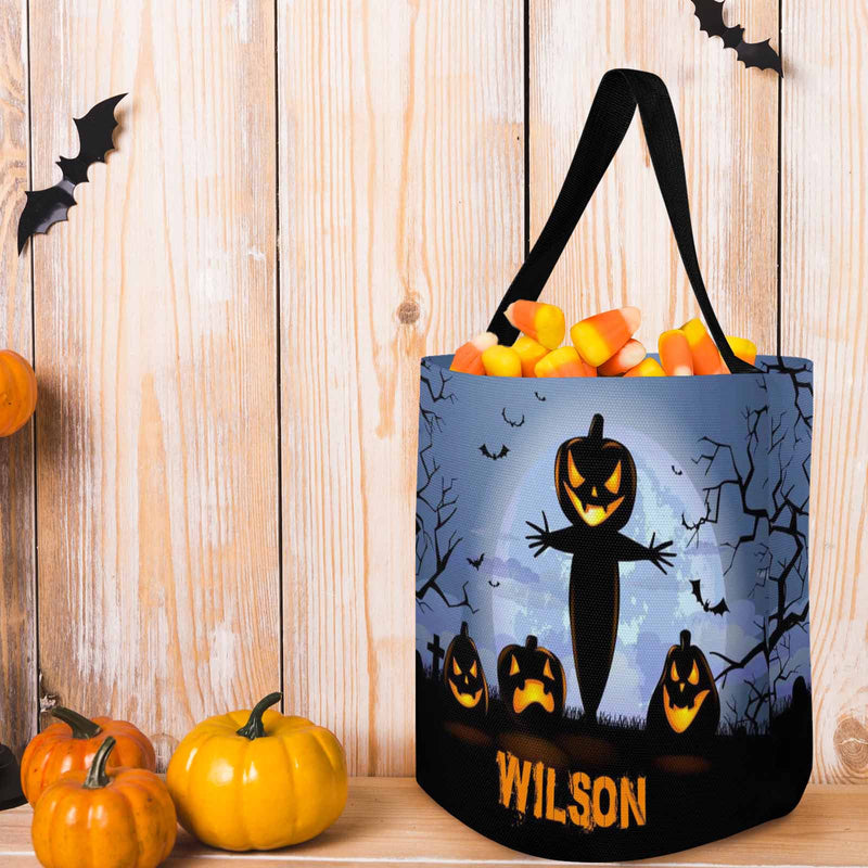 Custom Name Pumpkin Scarecrow Halloween Trick or Treat Colorful Tote Bags