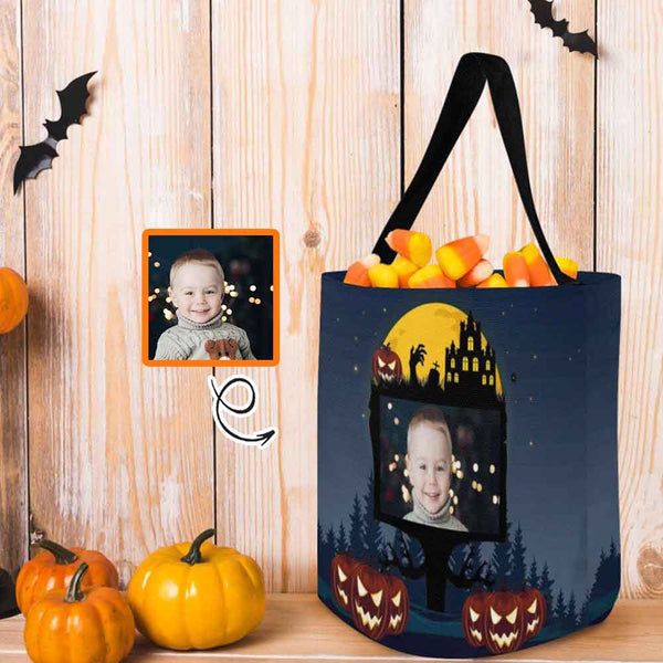 Custom Photo Castle Tree Halloween Trick or Treat Colorful Tote Bags