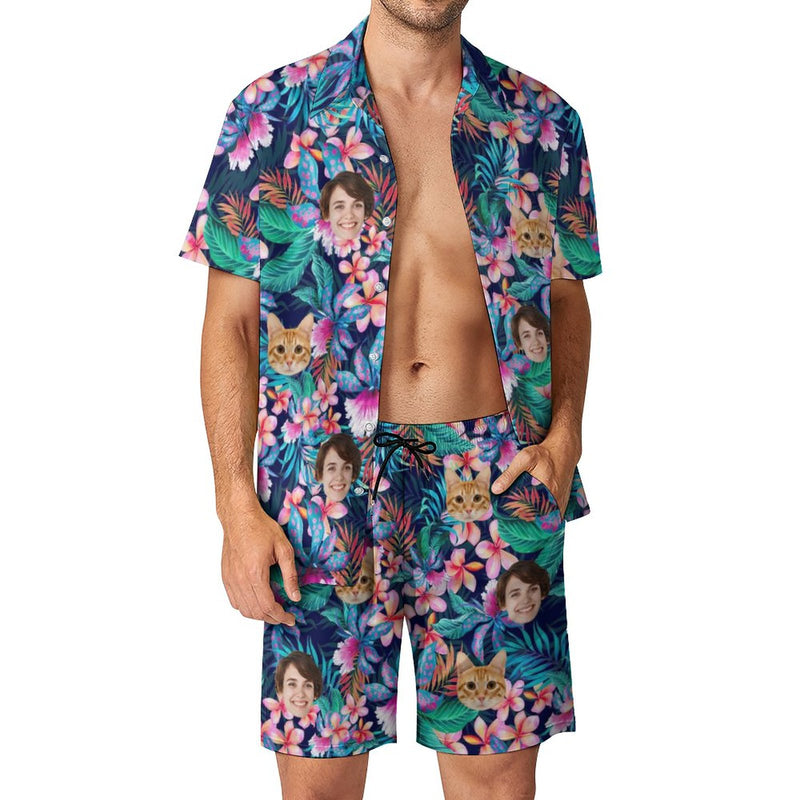 Personalized Men's Beach Suit Custom Pet Face Flowers Men's Hawaiian Shirt and Beach Shorts