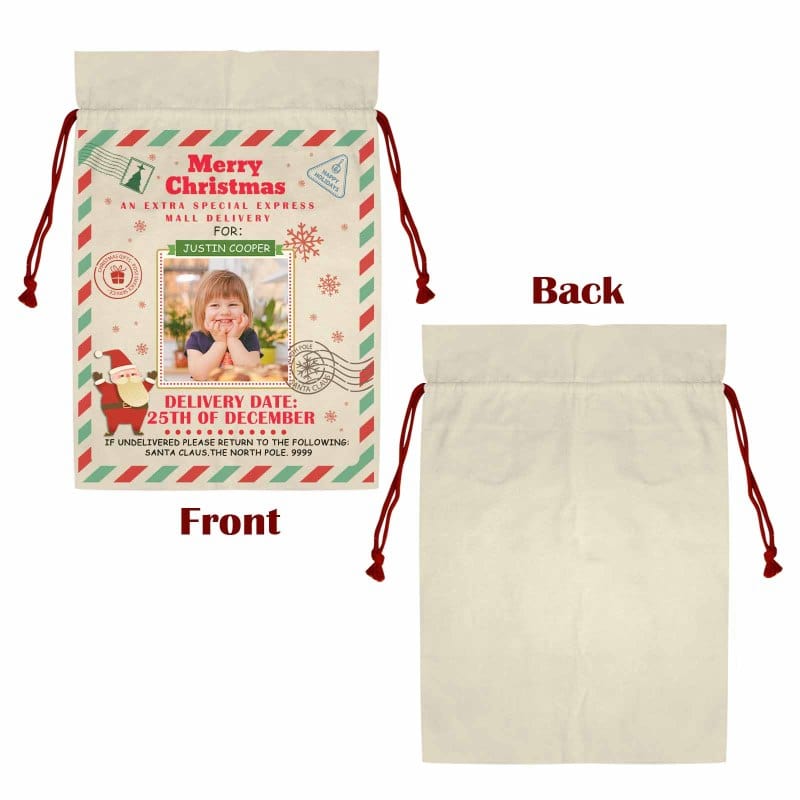 Custom Photo&Name Happy Christmas Large Santa Bags Christmas Drawstring Bag for Xmas Party Favor Supplies Wrapping 21 x 32 Inch