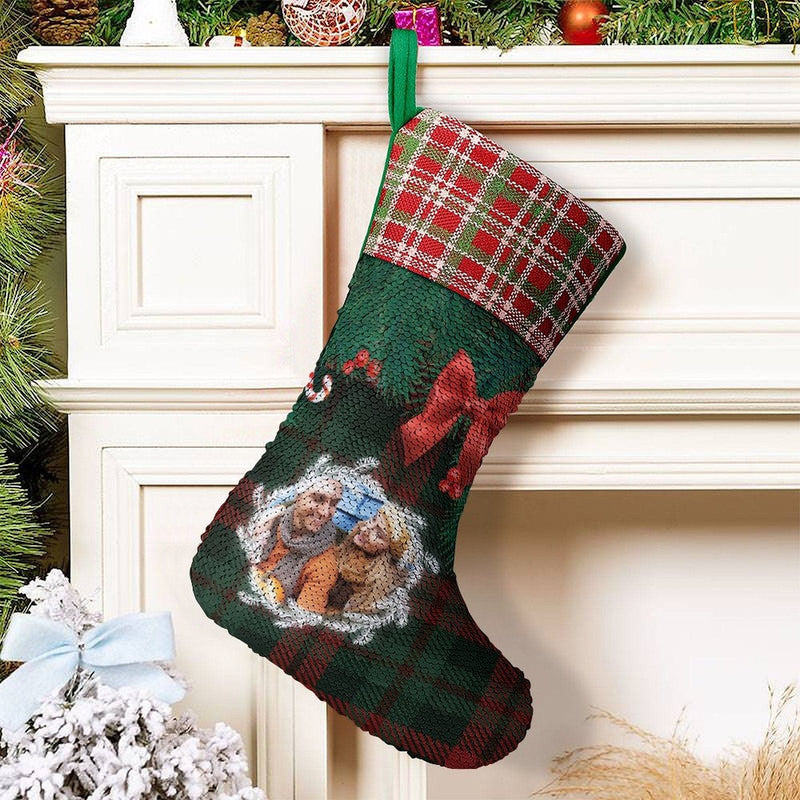 16.5in(L) Super Size-Custom Photo Lattice Red Bow Christmas Socks Flip Sequins Christmas Stocking