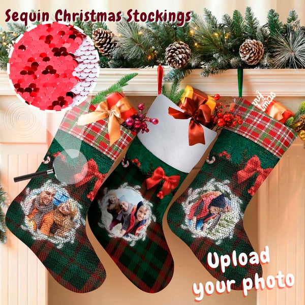 Custom Photo Lattice Red Bow Personalized Christmas Sequin Socks