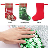 16.5in(L) Super Size-Custom Photo Couple Red Background Merry Christmas Socks Flip Sequins Christmas Stocking