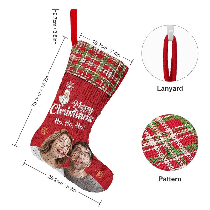 16.5in(L) Super Size-Custom Photo Couple Red Background Merry Christmas Socks Flip Sequins Christmas Stocking