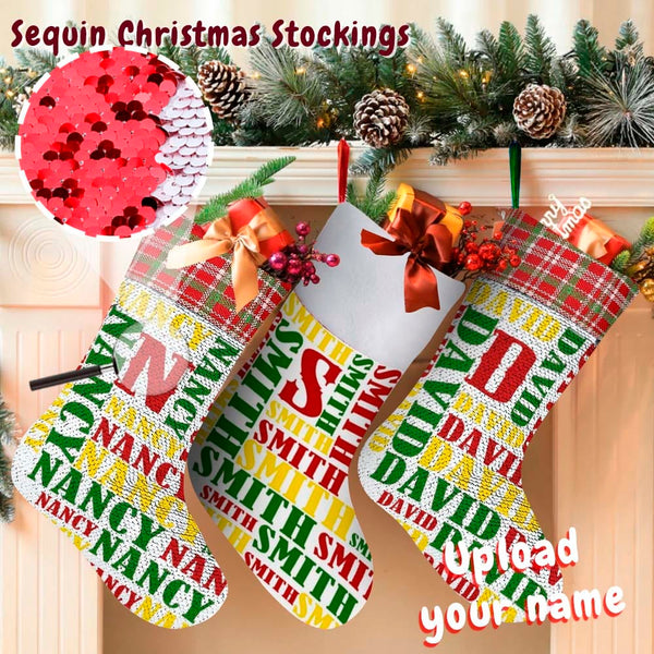 Custom Name Red Yellow Green Personalized Christmas Sequin Socks