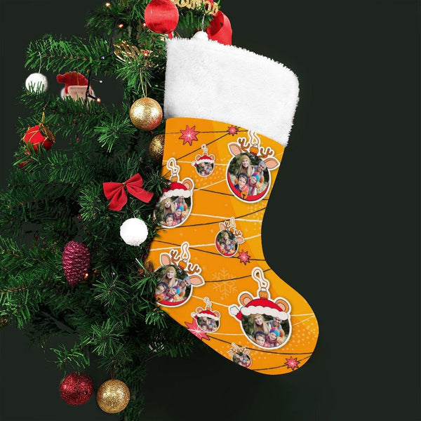 16.5in(L) Super Size-Custom Photo Line Orange Background Christmas Socks Flip Sequins Christmas Stocking