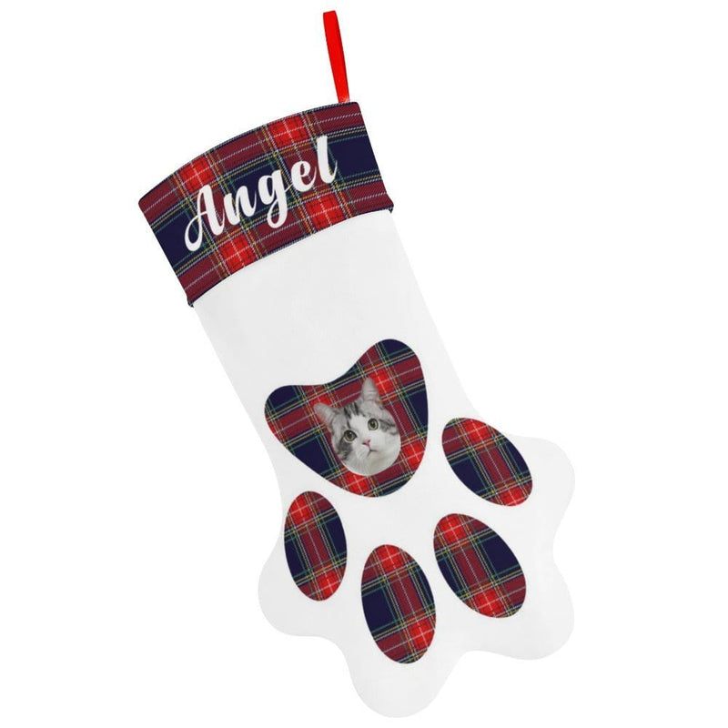 16.6in(L) Plus Size-Custom Pet Face Plaid Socks Paw Christmas Stocking Holiday Decor Gifts