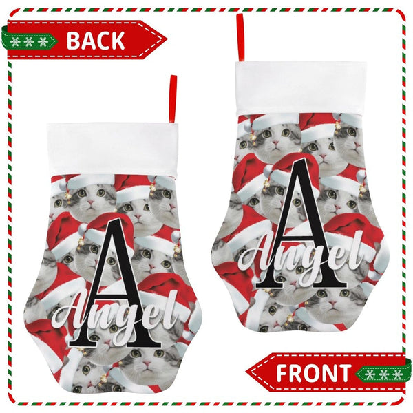 16.6in(L) Plus Size-Custom Seamless Face Red Hat&Name Socks Paw Christmas Stocking Holiday Decor Gifts