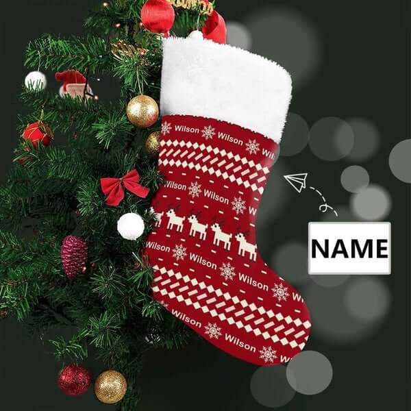 16.5in(L) Super Size-Custom Name Red Snowflake Fawn Christmas Stocking