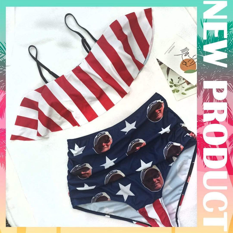 Couple Matching Bathing Suits Custom Face American Flag Ruffle Bikini and Swim Shorts