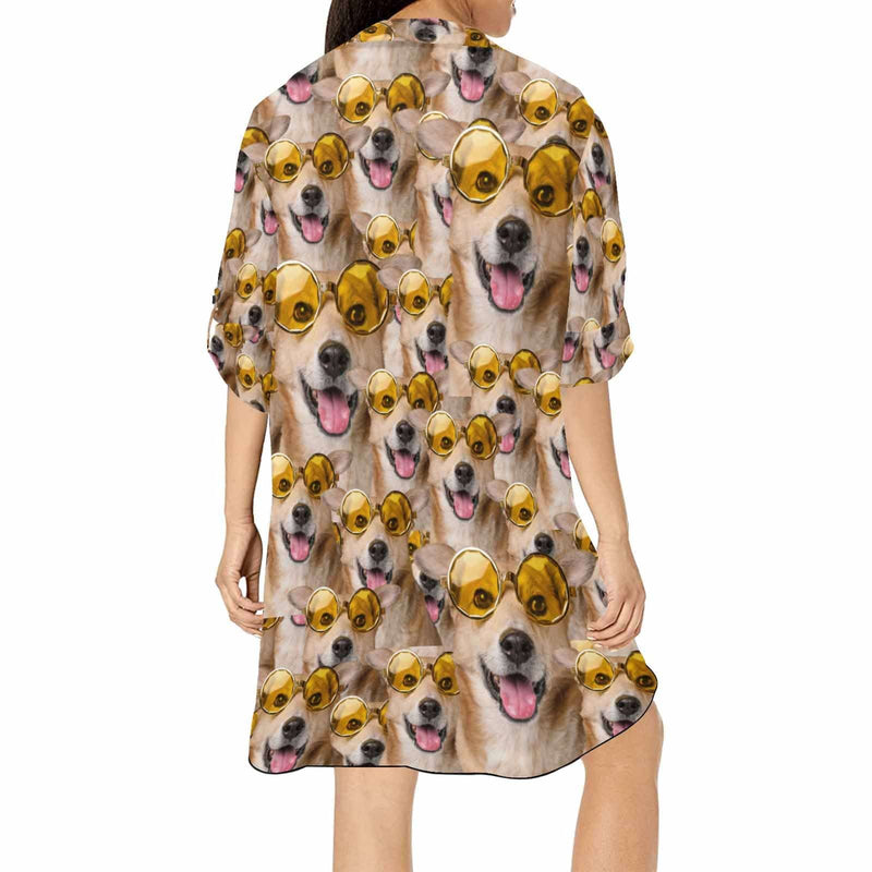 Chiffon Shirt Dress Cover Up Thin Custom Face Pet Dog Personalized Women's V-Neck Bikini Beach Tunic Top