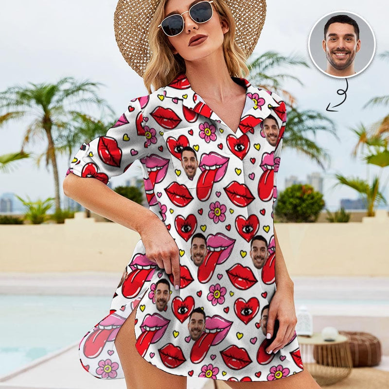 Chiffon Shirt Dress Cover Up Thin Custom Face Red Lips Heart Flower Personalized Women's V-Neck Bikini Beach Tunic Top