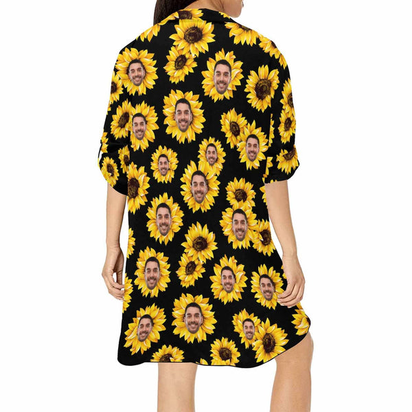 Chiffon Shirt Dress Thin Cover Up Custom Face Sunflower Personalized Women's V-Neck Bikini Beach Tunic Top