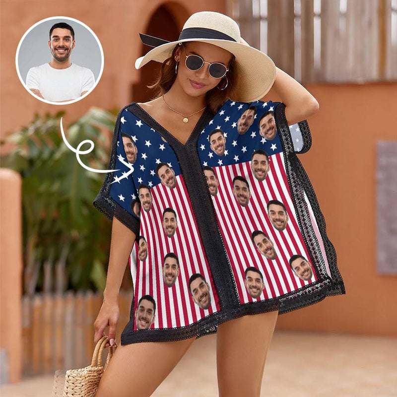 #Independence Day# Custom Face USA Flag Women's Bikini Swimsuit Cover Up