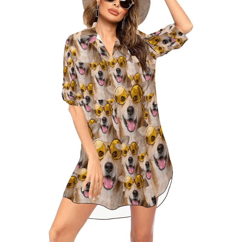 Chiffon Shirt Dress Cover Up Thin Custom Face Pet Dog Personalized Women's V-Neck Bikini Beach Tunic Top