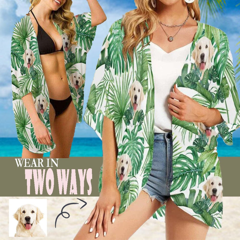 Beach Kimono Custom Face Pet Dog Green Leaf Personalized Women's Kimono Chiffon Cover Up
