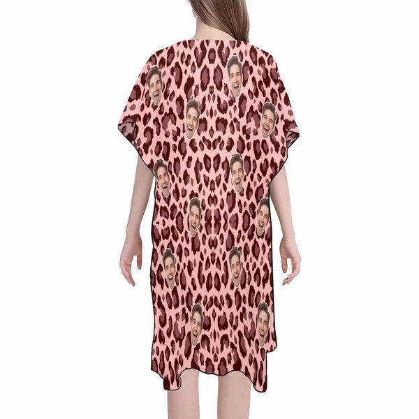 Chiffon Cover Up Robe Custom Face Pink Leopard Print Personalized Women's Mid-Length Side Slits Chiffon Cover Up