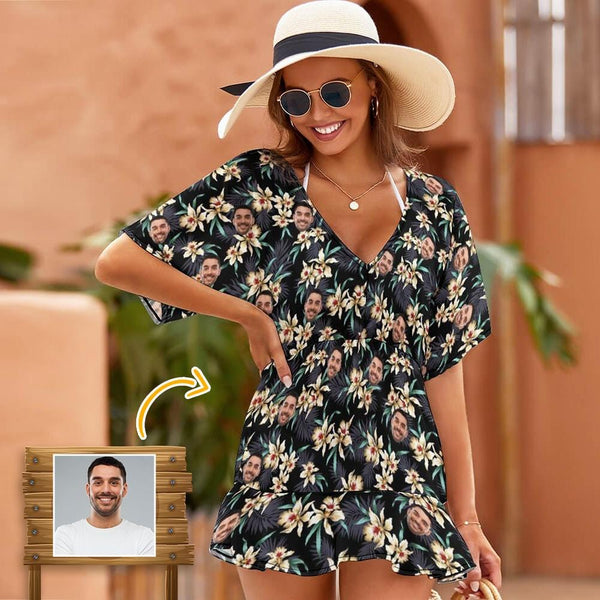 One Piece Cover Up Dress Custom Face Lily Flowers Personalized Women's Short Sleeve Beachwear Coverups