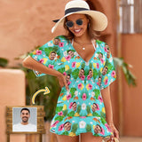 One Piece Cover Up Dress Custom Face Pineapple Flower Personalized Women's Short Sleeve Beachwear Coverups