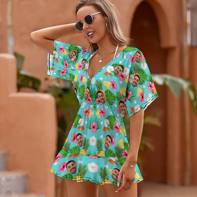 One Piece Cover Up Dress Custom Face Pineapple Flower Personalized Women's Short Sleeve Beachwear Coverups