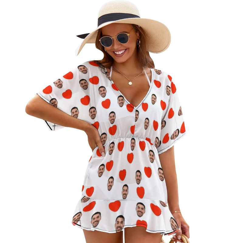 One Piece Cover Up Dress Custom Face Red Heart Personalized Women's Short Sleeve Beachwear Coverups