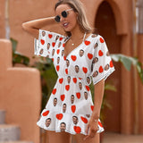 One Piece Cover Up Dress Custom Face Red Heart Personalized Women's Short Sleeve Beachwear Coverups