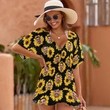 One Piece Cover Up Dress Custom Face Sunflowers Personalized Women's Short Sleeve Beachwear Coverups