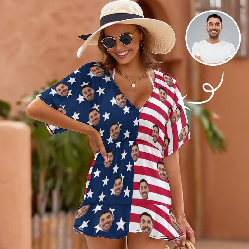One Piece Cover Up Dress Custom Face US Flag Personalized Women's Short Sleeve Beachwear Coverups