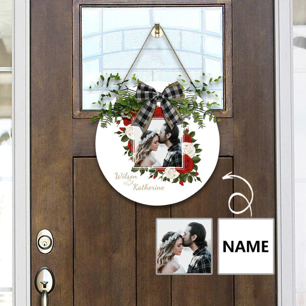 Custom Photo & Name Flower Door Hanger Welcome Wood Circle Sign Round Welcome Sign Front Door Decor