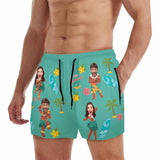 Custom Face Hula Dance Green Men's Quick Dry Shorts Personalized Swim Trunks with Side Zipper Pocket Surfing Square Leg Board Shorts