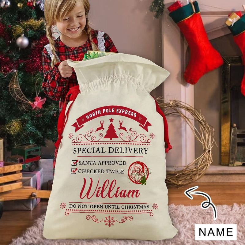 Custom Name Special Delivery Christmas Large Santa Bags Christmas Drawstring Bag for Xmas Party Favor Supplies Wrapping 21 x 32 Inch