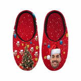 Couple Gift Red Custom Face Christmas Tree All Over Print Personalized Non-Slip Cotton Slippers For Girlfriend Boyfriend