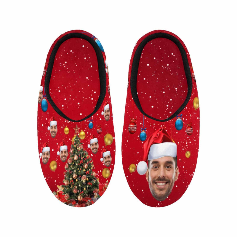 Couple Gift Red Custom Face Christmas Tree All Over Print Personalized Non-Slip Cotton Slippers For Girlfriend Boyfriend