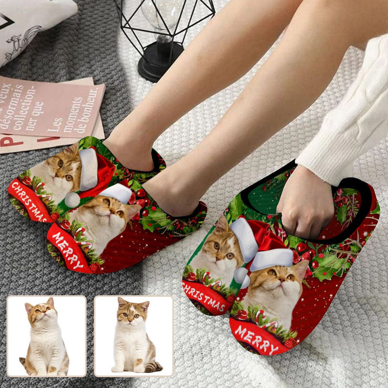 Couple Gift Red Green Custom Pet Cat Photo All Over Print Personalized Non-Slip Cotton Slippers For Girlfriend Boyfriend