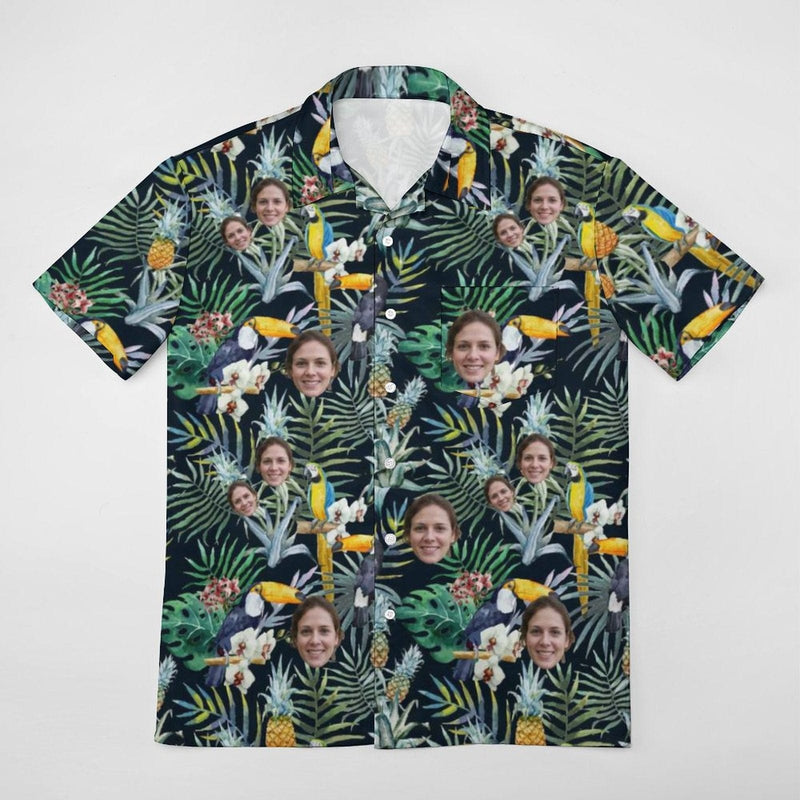 Hawaiian Shirt Custom Face Couple Hawaiian Shirt&Dress Flower Parrot Casual  Men Front Pocket Shortsleeve Beach Pocket Hawaiian Shirt