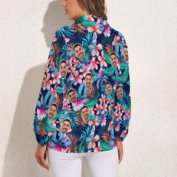 Hawaiian Shirt Custom Women's Face Shirt All Over Print Flower Hawaiian Shirt Vntage Casual Long Sleeve Hawaiian Shirts