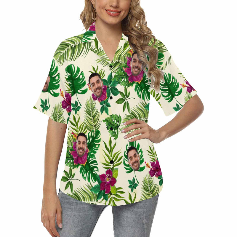 Hawaiian Shirt Custom Face Flowers Women's Hawaiian Shirts All Over Print V Neck Short Sleeve Shirt Gift for Girlfriend Wife