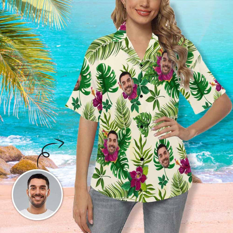 Hawaiian Shirt Custom Face Flowers Women's Hawaiian Shirts All Over Print V Neck Short Sleeve Shirt Gift for Girlfriend Wife