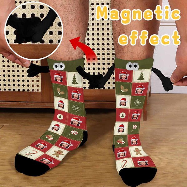 Custom Face Christmas Hat Candy Grid Magnetic Holding Hands Socks Suction Funny Big Eye Socks