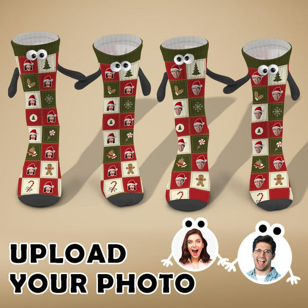 Custom Face Christmas Hat Candy Grid Magnetic Holding Hands Socks Suction Funny Big Eye Socks