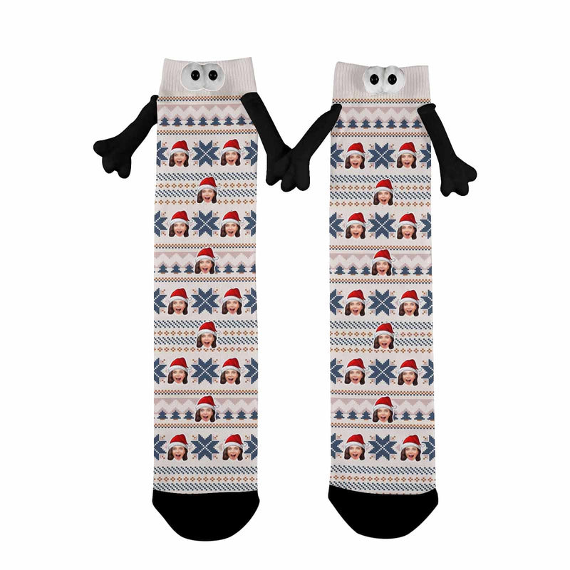 Custom Face Christmas Hat Magnetic Holding Hands Socks Suction Funny Big Eye Socks