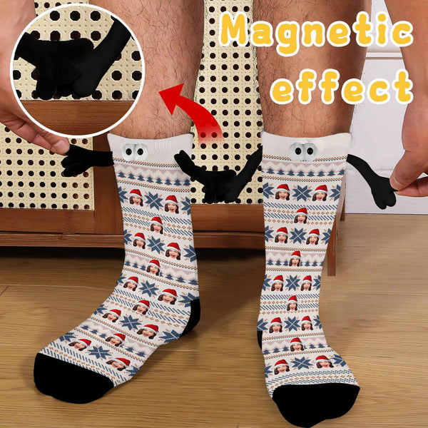 Custom Face Christmas Hat Magnetic Holding Hands Socks Suction Funny Big Eye Socks