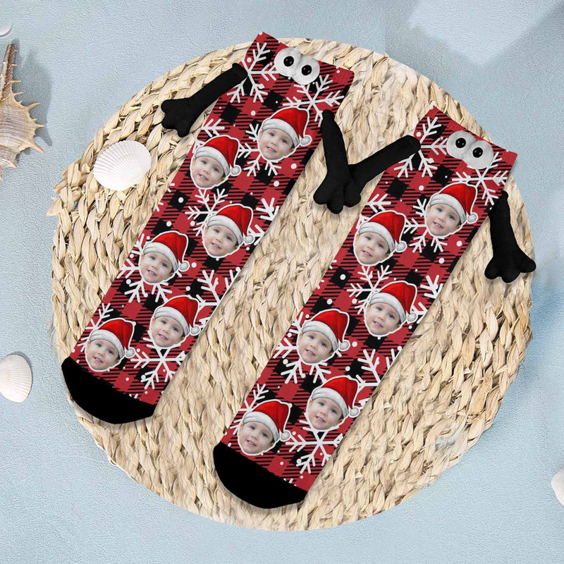 Custom Face Christmas Hat Snowflake Red Magnetic Holding Hands Socks Suction Funny Big Eye Socks