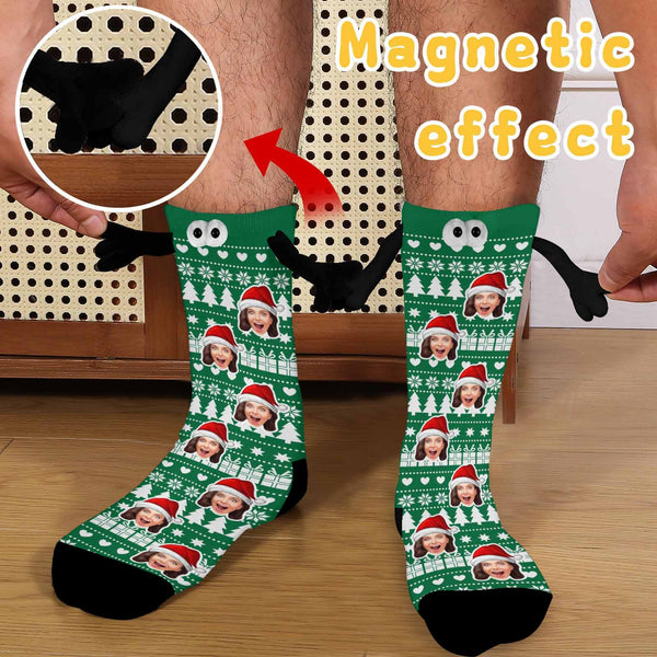 Custom Face Christmas Tree Green Magnetic Holding Hands Socks Suction Funny Big Eye Socks