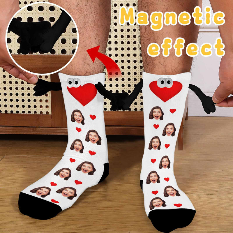 Custom Face Love Heart Black&White Magnetic Holding Hands Socks Suction Funny Big Eye Socks