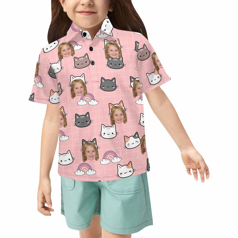 Custom Face Cartoon Cat Pink Girls' Polo Shirt