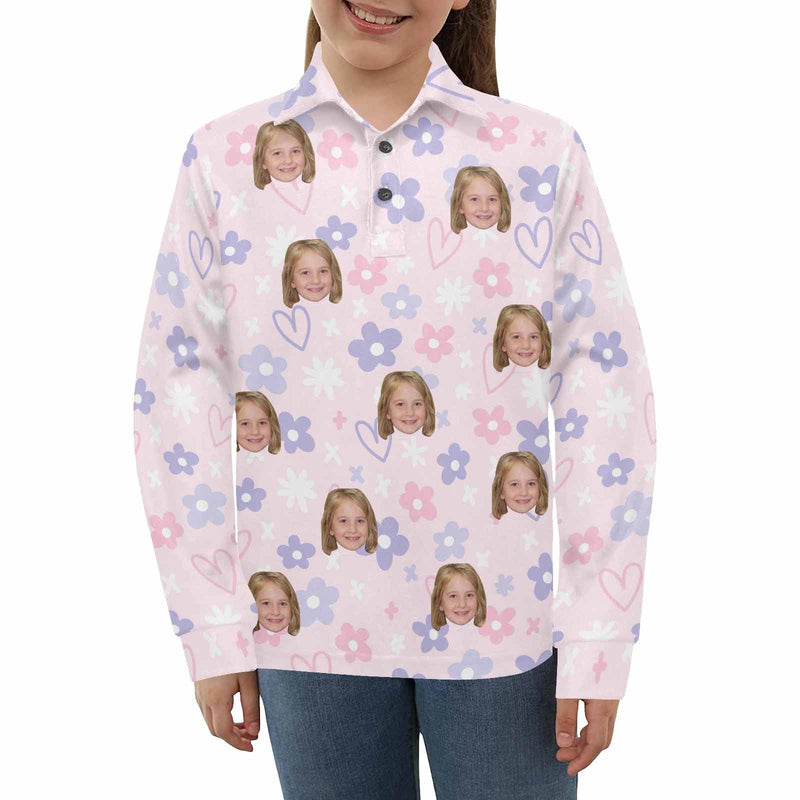 Custom Face Flower Girls' Long Sleeve Polo Shirt