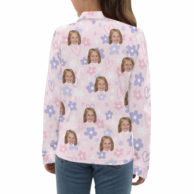 Custom Face Flower Girls' Long Sleeve Polo Shirt