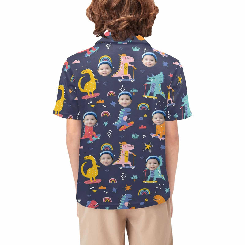 Custom Face Dinosaur Dark Blue Boys' Polo Shirt